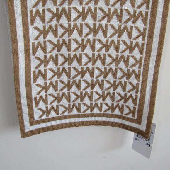 Michael Michael Kors Women's Signature MK Logo Knit Scarf Tan White Cozy Winter - Picture 2 of 8